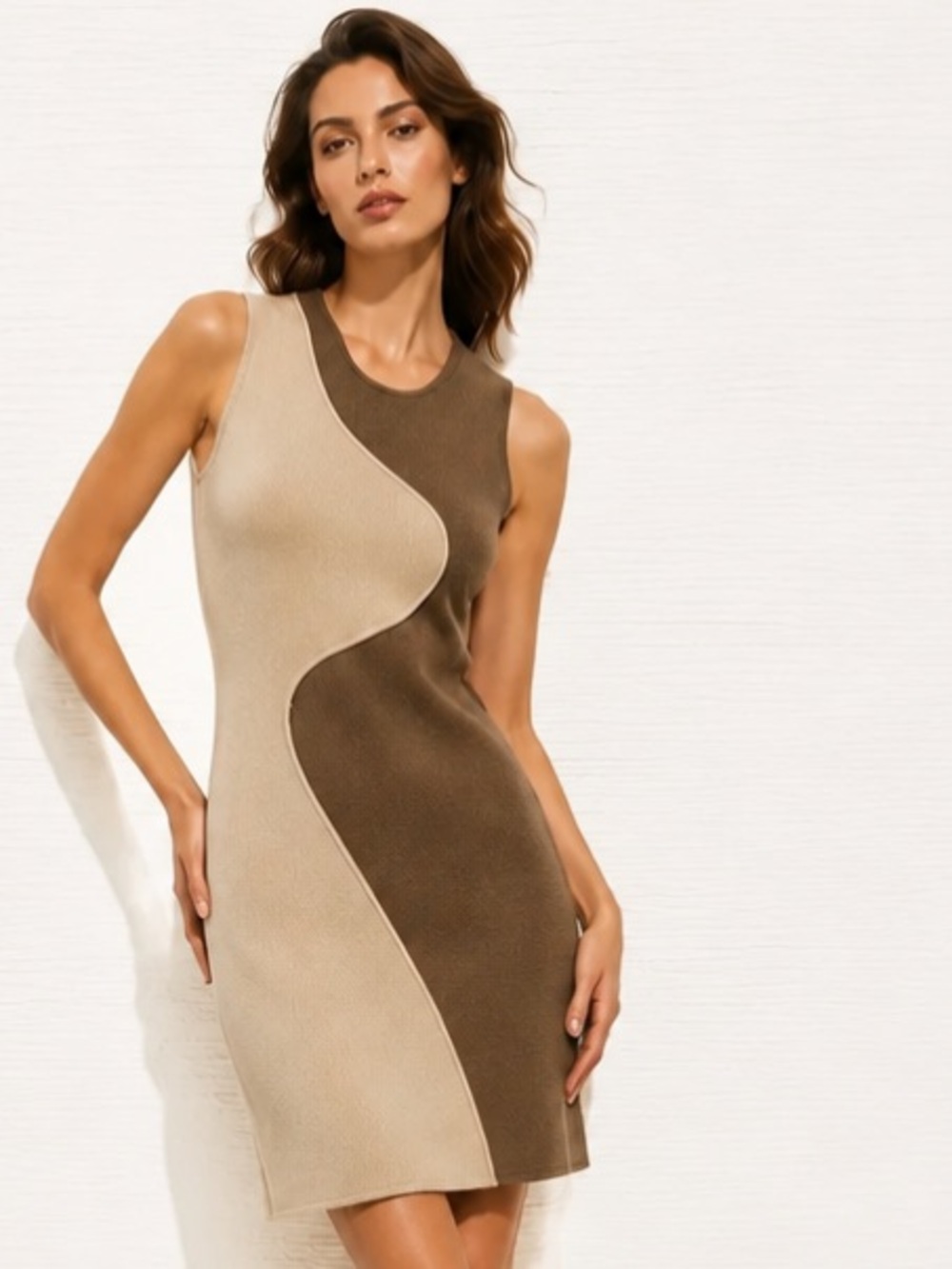 PARKER Dress Bodycon Sleeveless Mini Taupe Stretch Scoop Neck Ponte Knit Sexy